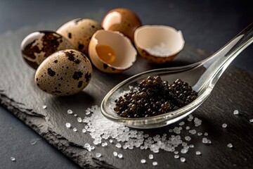 Quail eggs and caviar on a slate plate with sea salt, showcasing gourmet food presentation