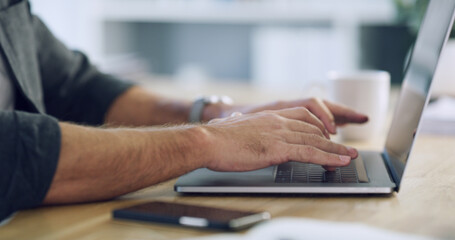 Computer, business man and hands typing email, report or content writing on internet in office....