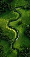 Winding river through lush green landscapes
