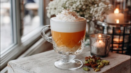 A glass mug of layered coffee with whipped cream sits on a wooden table, surrounded by spices and candles, creating a cozy, warm ambiance.