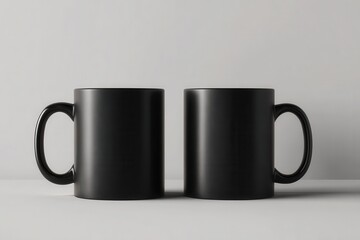 Two matte black mugs on a light gray surface