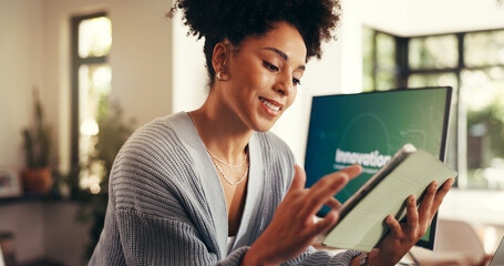 Remote work, tablet and smile with woman in home office for virtual assistant, client report or...