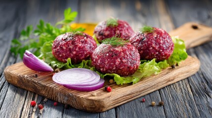 Four beetroot balls garnished with dill on a wooden board, accompanied by sliced red onion and lettuce, creating a vibrant and appetizing presentation.