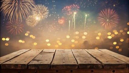Rustic wooden table with a festive fireworks display and bokeh lights background