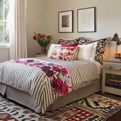 A bedroom with a mix of patterns Like