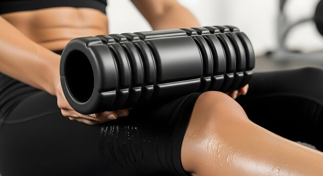 Foam roller used for muscle recovery and stretching post-workout. - Powered by Adobe