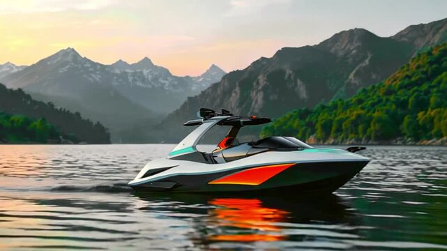 A modern watercraft with a white and orange design, floating on calm water. The background features a picturesque sunset with mountains in the distance, creating a serene and picturesque scene.