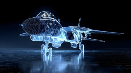 A digital wireframe hologram of a fighter jet on a dark tarmac, glowing blue with detailed lines, showcasing modern aerospace 