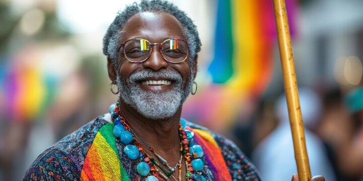 Inclusive image of a happy senior Black African American gay man celebrating Pride festival with rainbow flags. Candid LGBTQ+ summer parade, Generative AI