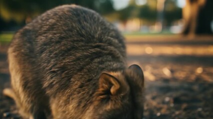 Happy quokka eating a snack at Rottnest Island. Suitable for travel blogs, Australian wildlife articles, and nature themed designs. Unique and adorable marsupial content.