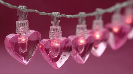 Close-up of pink heart-shaped string lights glowing against a blurred pink background, creating a romantic and festive atmosphere.