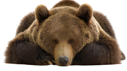 Bear laying down peacefully with paws crossed isolated on a Transparent background, PNG file.
