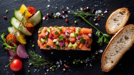Fresh salmon tartare with colorful vegetables, herbs, and sliced bread on a dark slate background.