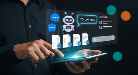  AI Procurement Interface.Smart Procurement Workflow with AI , Procurement and AI Chatbot, AI Procurement Dashboard,Digital Procurement Strategy Visualization,AI Integration in Business Procurement.