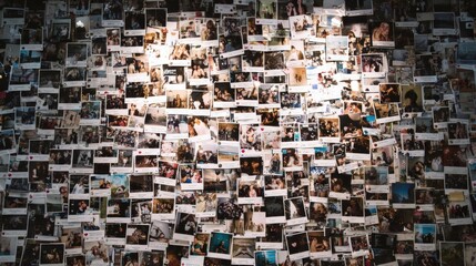 A collage of numerous printed photographs displayed on a wall, capturing various moments and people in candid and posed settings.