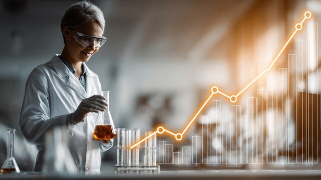 Scientist in a lab coat conducting an experiment with a beaker, overlaid with a glowing upward graph indicating progress and innovation.