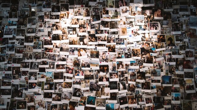 A collage of numerous printed photographs displayed on a wall, capturing various moments and people in candid and posed settings.