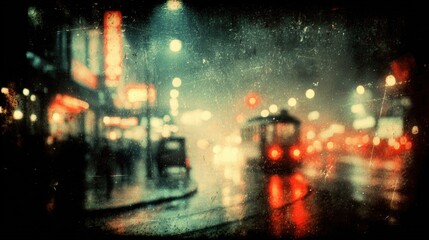Blurry city street at night with vintage effect, featuring glowing lights and reflections on a rainy surface.