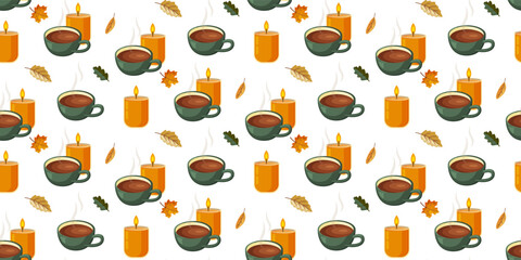 Warm Autumn Pattern with Candles and Mugs