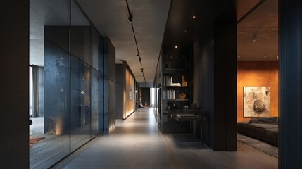 Modern Interior Hallway with Black and Copper Accents.