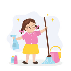 Happy cute kid cleaning floor. Little girl holding mop, spray and bucket cleaning floor doing housework chore. Child helper, cleaner. Hygiene