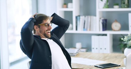 Happy, businessman and relax with break for deadline success, completion or done in office. Man,...