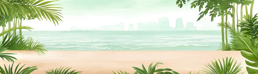 Tropical beach scene with lush greenery and serene ocean view.
