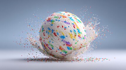 A vibrant explosion of colorful sprinkles surrounding a scoop of vanilla ice cream in motion against a soft blue background.