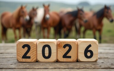 wooden cubes with the number 2026 written on them against the backdrop of a herd of horses
