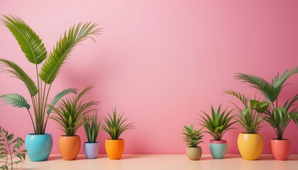 Green Houseplants in Colorful Ceramic Pots on Pink Background, White Pots with Green Plants on Pink Wall