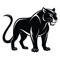 Obraz premium Black Panther Illustration Standing Profile with Open Mouth and Curved Tail on White Background