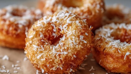Close-up of golden, coconut-topped donuts