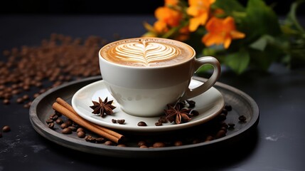 Latte art in a cup with coffee beans and cinnamon.