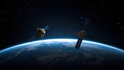 Naklejka premium Outer Space View with Two Satellites