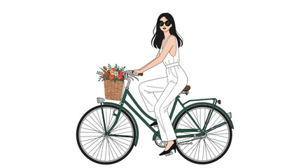 An illustration depicts a stylish woman riding a bicycle with a basket of flowers, enjoying a sunny day.