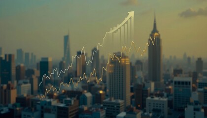 Depicts a cityscape with an overlay of ascending financial graph lines, symbolizing economic growth, business success, and strategic advancements within the urban context.