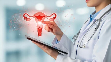 A doctor uses digital technology to examine a uterus illustration, representing modern gynecology - Powered by Adobe