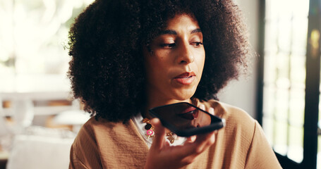 Woman, talking and speaker with phone call in home for communication, conversation and discussion....