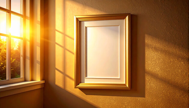 An empty frame on the wall of the room, the morning sunlight entering turns yellow.