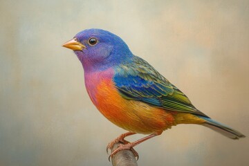Naklejka premium Colorful songbird profile, painted bunting facing left, minimal background