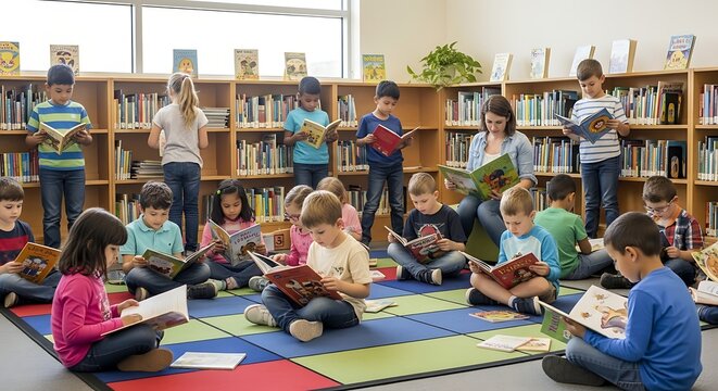 Captivating classroom reading scene showcases children absorbed in books alongside a teacher in