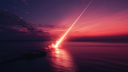 A fiery streak of light descends from a twilight sky, impacting the ocean near a rocky shoreline, creating a brilliant, glowing explosion reflected in the water's surface