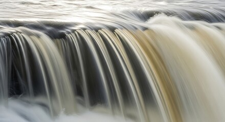 Captivating closeup of a waterfall featuring motion blur and a natural color palette creating a