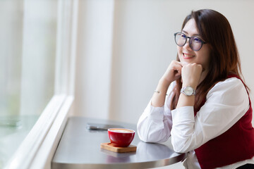 Close-up beautiful happy Smiling of hands Holding cup mug of Hot coffee latte wits business female...