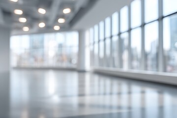 Blurry modern office interior with large windows