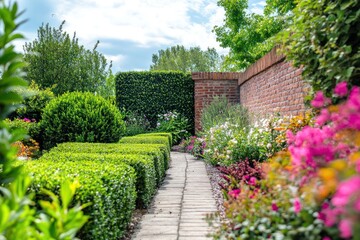 Colorful garden view with trimmed bushes, classic brick wall, and soft light