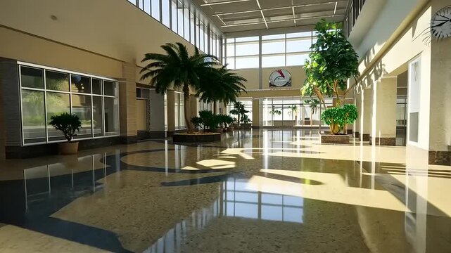Indoor Commercial Space Interior with Palm Trees and Shiny Floors for Shopping Center