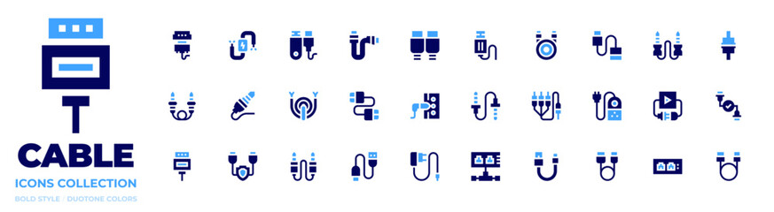 Cable icon collection. Bold style. Duotone colors. usb cable, vga cable, ethernet, data cable, connect, electricity, cable, usb, audio jack, hdmi, cord