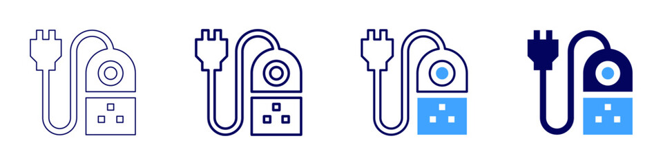 Extension cable icon in 4 different styles. Thin Line, Line, Bold Line, Duotone. Duotone style. Editable stroke