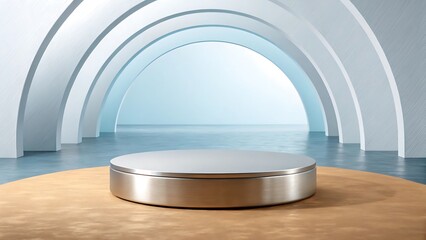 Elegant Silver Product Display Podium with Modern Arches and Soft Blue Background for Luxury Branding and Product Showcase Presentation